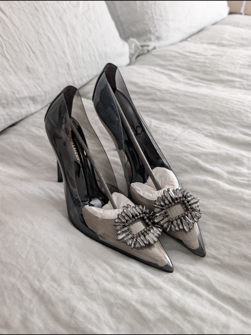 Good American Cinder Pump Glass Slipper 11.5 Smoke Crystal Buckle